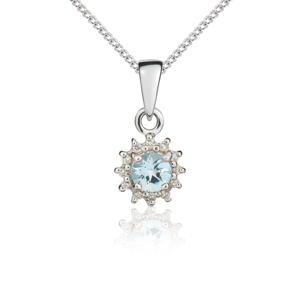 9K White Gold Aquamarine & Diamond Halo Pendant