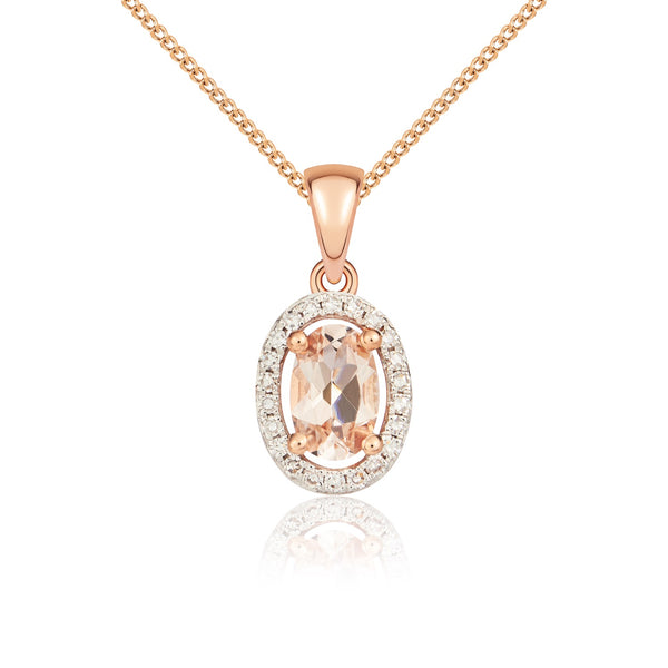 9K Rose Gold Morganite & Diamond Halo Pendant