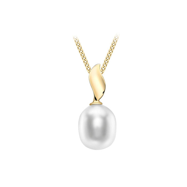 9K Yellow Gold Freshwater Pearl & Curved Ellipse Pendant
