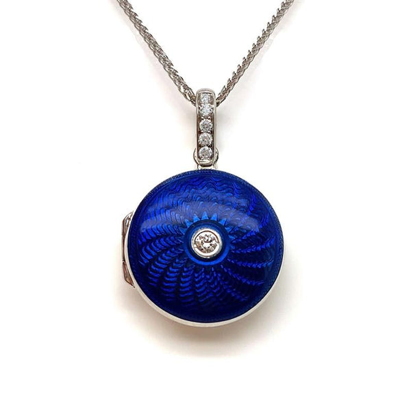 18K White Gold Diamond & Blue Enamel Locket