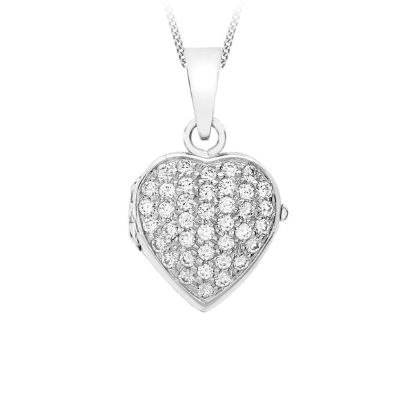9K White Gold CZ Pave Set 'Heart' Locket
