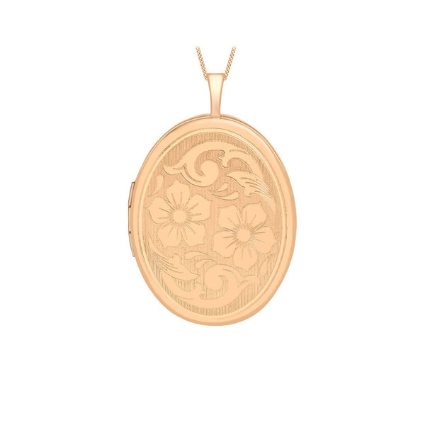 9K Rose Gold Etched Flower-Detail Oval Locket
