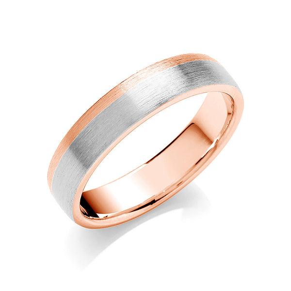 5mm Flat Court Two Colour Matt Finish Wedding Band 18ct Rose Base & Platinum Centre J