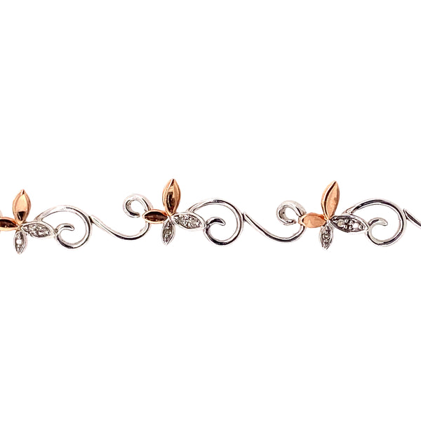 9K 2 Colour Gold 0.12ct Diamond Butterfly Bracelet 7.5"