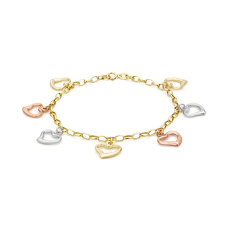 9K 3 Colour Gold Open Heart Charm Bracelet 7"