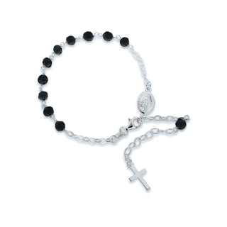 Sterling Silver Black Bead Rosary Bracelet 7.5"