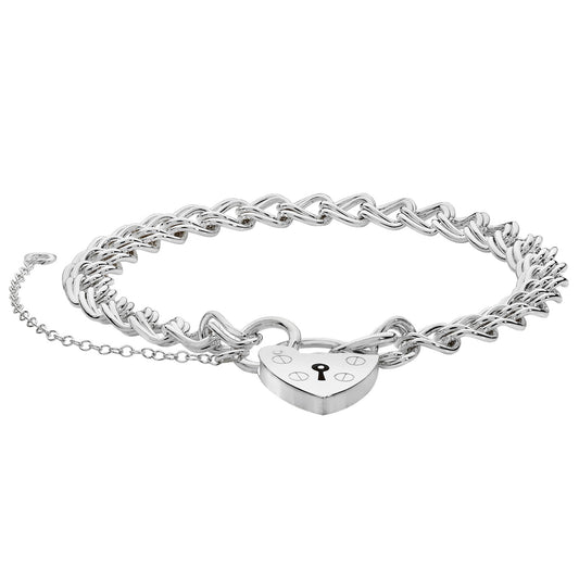 Sterling Silver Heart Padlock Charm Bracelet 7.5"