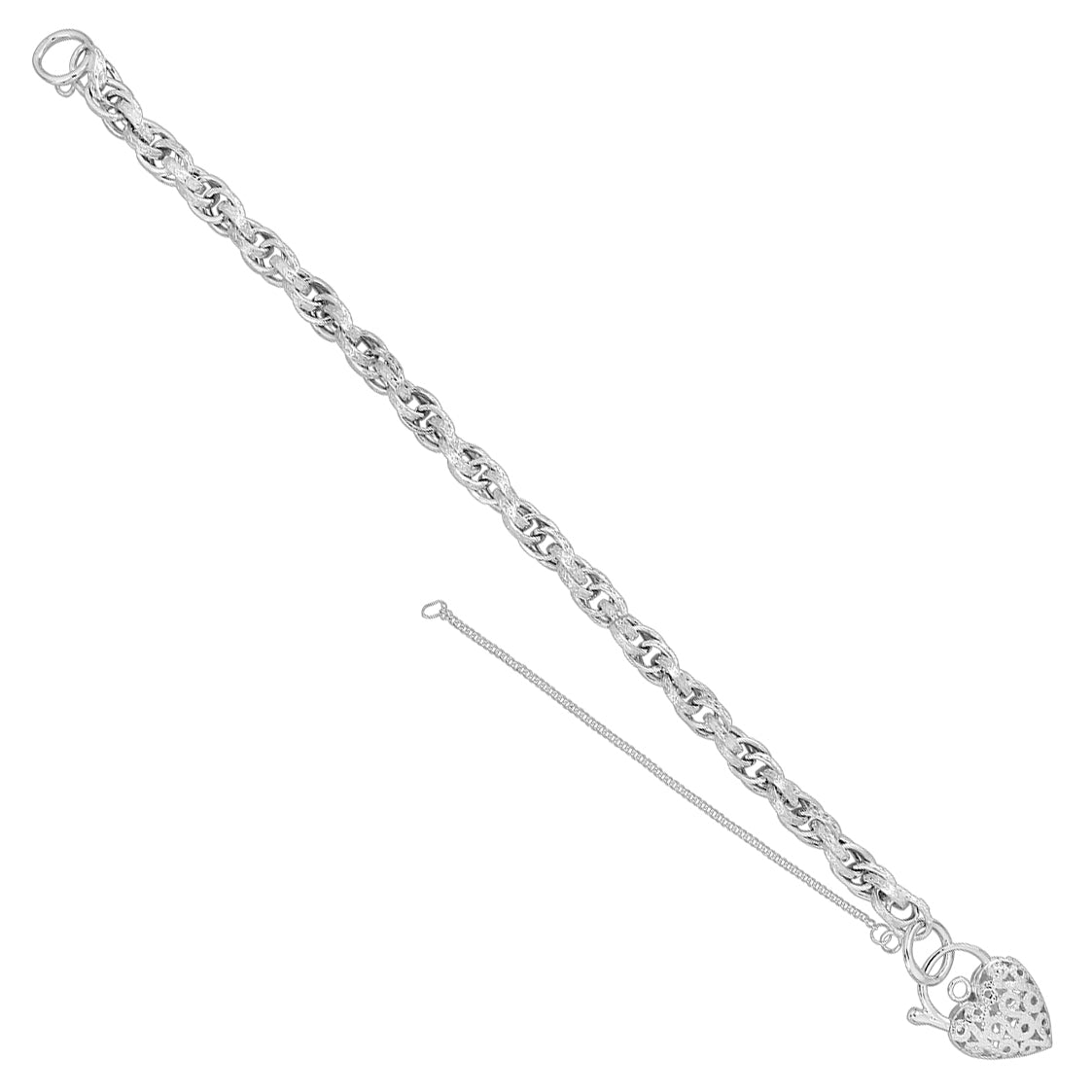 Sterling Silver Fancy Link Heart Padlock Bracelet 7.5"