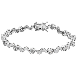 Sterling Silver Cubic Zirconia Wave Link Bracelet 7.5"