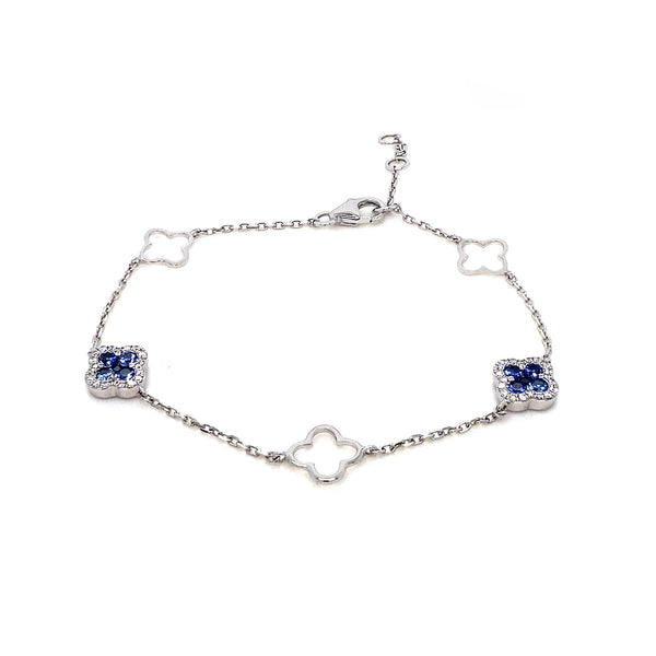 9K White Gold Diamond & Sapphire Quatrefoil Bracelet 7.5''