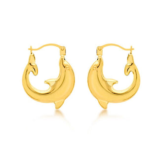 9K Yellow Gold 16mm X 19mm Dolphin Creole Hoop Earrings