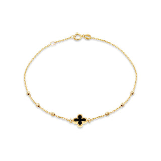 9K Yellow Gold Black Onyx Clover DC Ball Bracelet /7"-7.5"