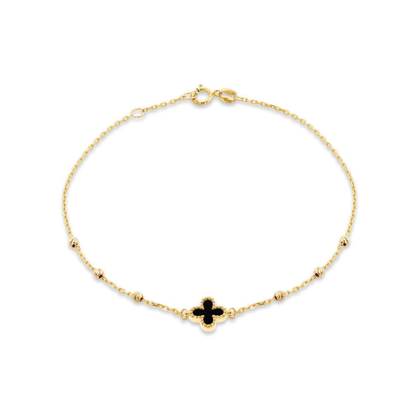 9K Yellow Gold Black Onyx Clover DC Ball Bracelet /7"-7.5"