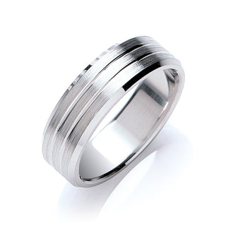 7mm Flat Court Bevelled Edge Matt & Grooves Wedding Band 18ct White