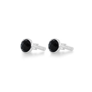 Men's Sterling Silver Faceted Black Onyx Round Cufflinks