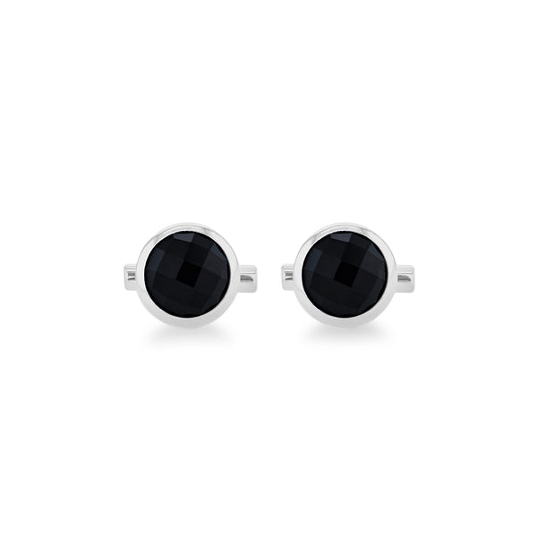 Men's Sterling Silver Faceted Black Onyx Round Cufflinks