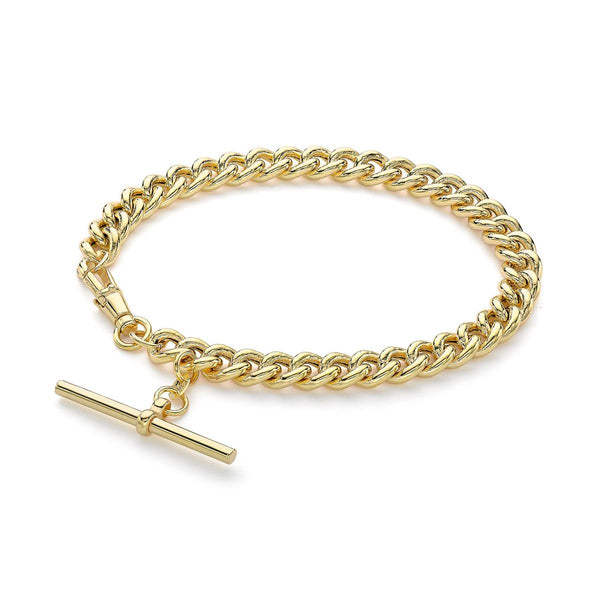 9K Yellow Gold T-Bar Hollow Round Curb Albert Bracelet /8"