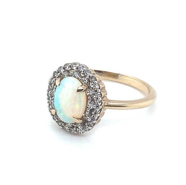 9K Yellow Gold Oval Opal & Diamond Halo Ring