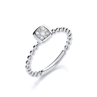 9ct White Gold 0.10ct Beaded Shank Square Top Ring