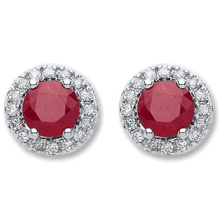 9ct White Gold 0.15ct Diamond, 0.90ct Round Ruby Stud Earrings