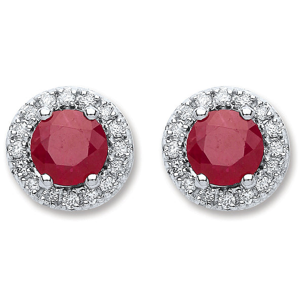9ct White Gold 0.15ct Diamond, 0.90ct Round Ruby Stud Earrings