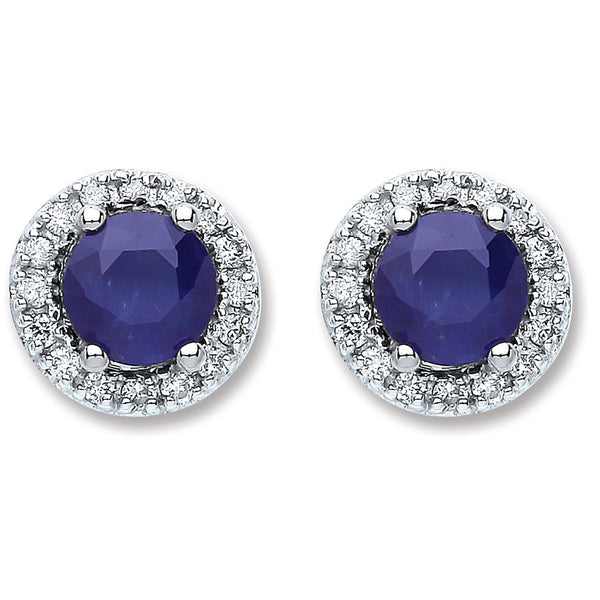 9ct White Gold 0.15ct Diamond 1.20ct 5mm Round Sapphire Stud Earrings