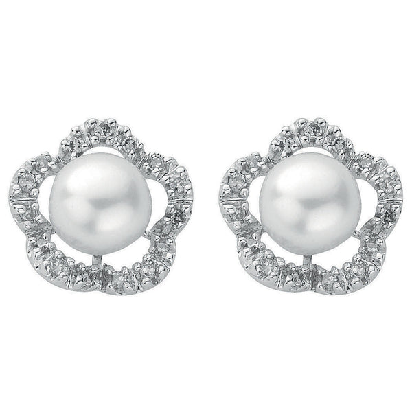 9ct White Gold 0.17ct Diamond & Pearl Stud Earrings