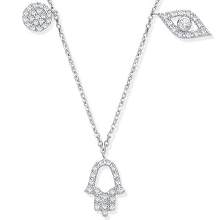 9ct White Gold 0.22ctw Evil Eye, Hamsa & Circle Pendant (18in/45cm) Chain