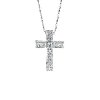 9ct White Gold 0.50ct Brilliant & Baguette Cut Diamond Cross Pendant With 18in/45cm Chain