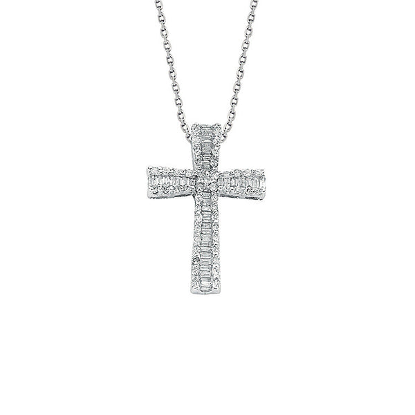 9ct White Gold 0.50ct Brilliant & Baguette Cut Diamond Cross Pendant With 18in/45cm Chain