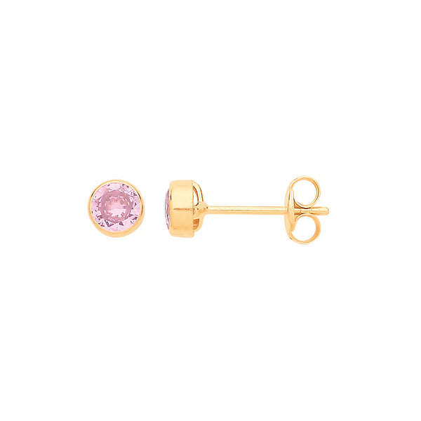 9ct Yellow Gold 4mm Rubover Set Pink CZ Studs