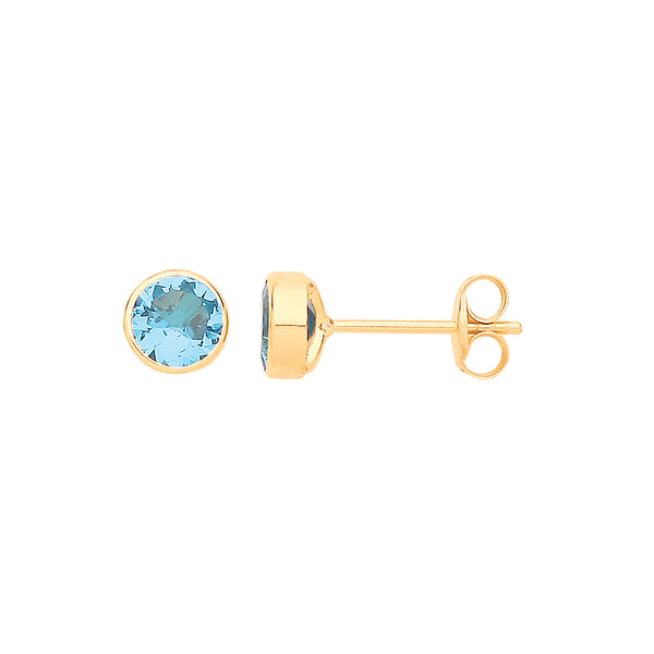 9ct Yellow Gold 5mm Rubover Set Blue CZ Studs