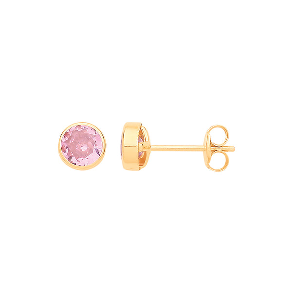 9ct Yellow Gold 5mm Rubover Set Pink CZ Studs