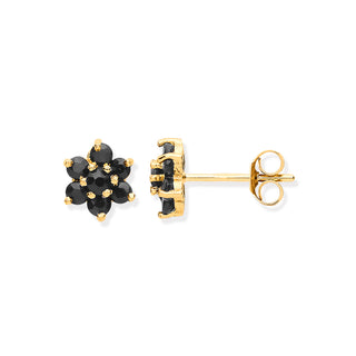 9ct Yellow Gold Black Sapphire Flower Studs