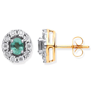 9ct Yg 0.60ct Emerald & 0.08ct Diamond Oval Stud Earrings
