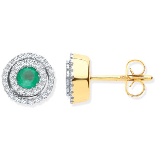 9ct Yg Double Halo 0.25 Diamond & Emerald Round Stud Earrings