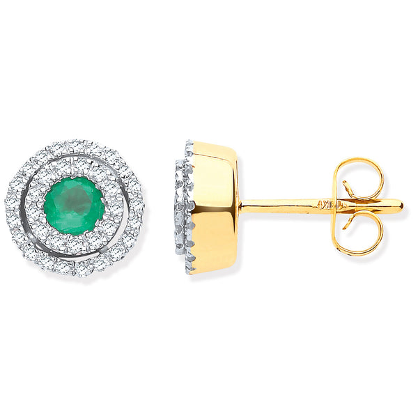9ct Yg Double Halo 0.25 Diamond & Emerald Round Stud Earrings