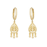 9K Yellow Gold Filigree Drop Hoop Earrings
