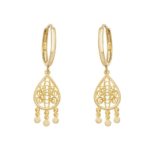 9K Yellow Gold Filigree Drop Hoop Earrings