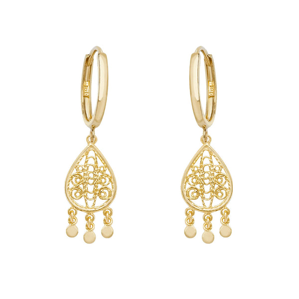 9K Yellow Gold Filigree Drop Hoop Earrings