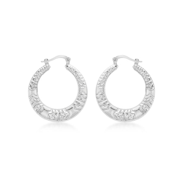 9K White Gold Embossed Creole Hoop Earrings