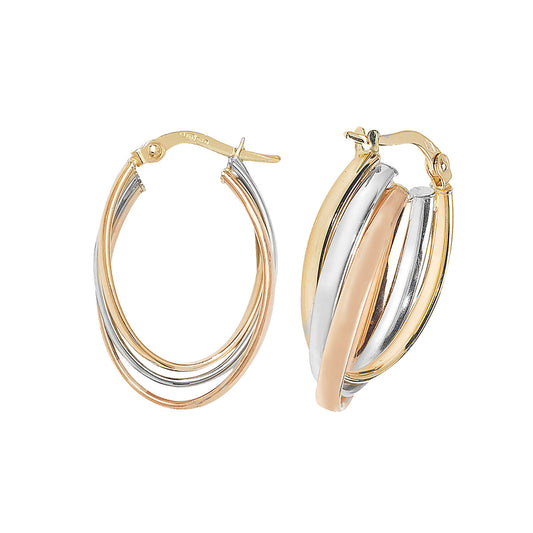 9K 3 Colour Gold Medium Triple Oval Hoop Earrings
