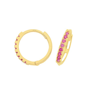 9K Yellow Gold Red CZ Hinged Hoop Earrings