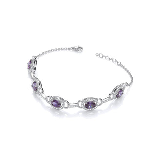 Amethyst & Clear CZ Halo Style Ladies Silver Bracelet
