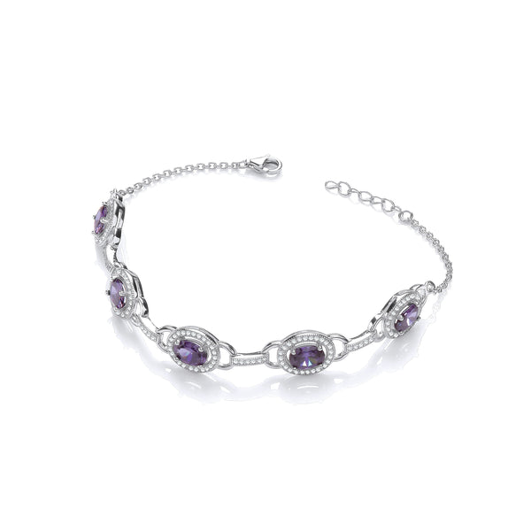 Amethyst & Clear CZ Halo Style Ladies Silver Bracelet