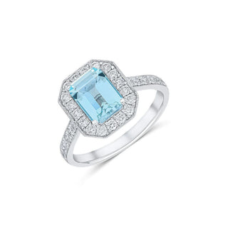 18K White Gold Aquamarine & Diamond Halo Ring