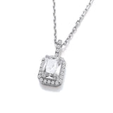 Emerald Cut CZ Halo, CZ Bail Silver Pendant With Chain