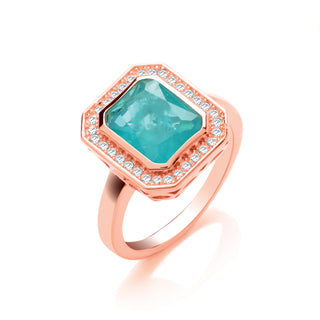 Green Natural Stone & Glass Emerald Cut Rg Plated Silver Ring