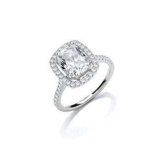 Halo Style High Setting Emerald Cut CZ Silver Ring