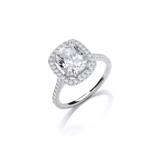 Halo Style High Setting Emerald Cut CZ Silver Ring
